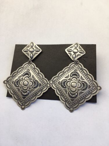 Handmade Sterling Silver Stamped Earrings | Navajo | Authentic Native American Jewelry | 2.75" | 01725 - Masha USA