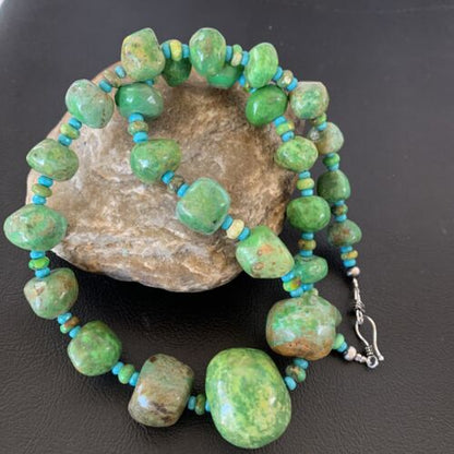Authentic Navajo Chunky Blue-Green Turquoise Necklace | Sterling Silver | Native American Jewelry | 22"
