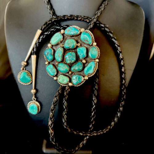 Men's Bolo Tie | Cluster Blue Kingman Turquoise | Sterling Silver | Navajo | Authentic Native American Handmade | 14524