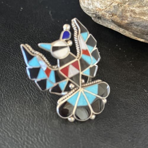 Zuni Peyote Bird Ring | Sterling Silver Turquoise Onyx Mother of Pearl Inlay | Sz 7.5 | 14448