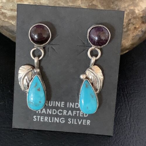 Navajo Purple Sugilite and Blue Turquoise Dangle Leaf Earrings | Sterling Silver | Native American Handmade | 13454