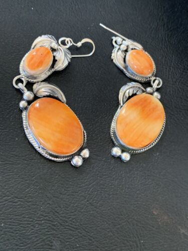 Navajo Orange Spiny Oyster Dangle Earrings | Sterling Silver | Authentic Native American Handmade | 12200 - Masha USA