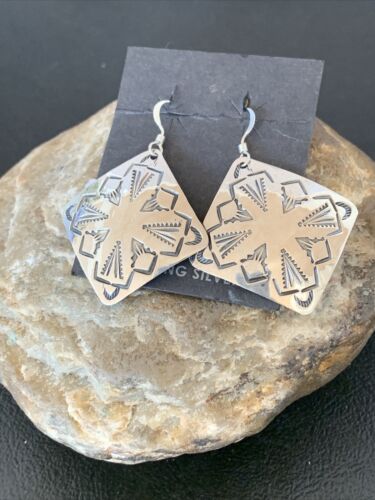 Native American Women's Dangle Earrings | Navajo Sterling Silver Stamped Handmade | 1660