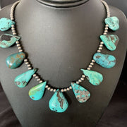 Southwestern Navajo Pearls Necklace | Sterling Silver | Blue Turquoise Teardrop | 13156