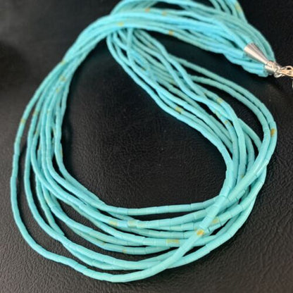 Navajo Blue Turquoise Heishi 10-Strand Liquid Sterling Necklace | 24" | Authentic Native American Handmade | 13424