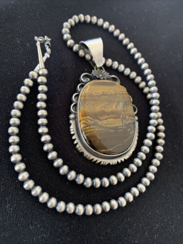 Men's Navajo Pearls Necklace | Sterling Silver | Coffee Tiger's Eye Pendant | Authentic Native American Handmade | 1543