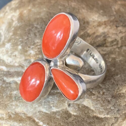 Navajo Red Coral Multi-Stone Ring | Authentic Native American Sterling Silver | Multi-Stone | Sz 7.5 | 14214