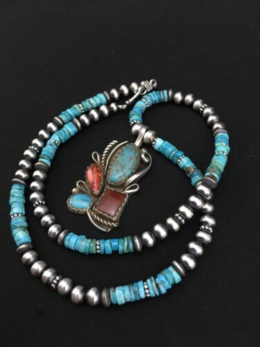 Navajo Turquoise & Spiny Oyster Pendant Necklace | Sterling Silver | 20" | Authentic Native American Handmade | 4836