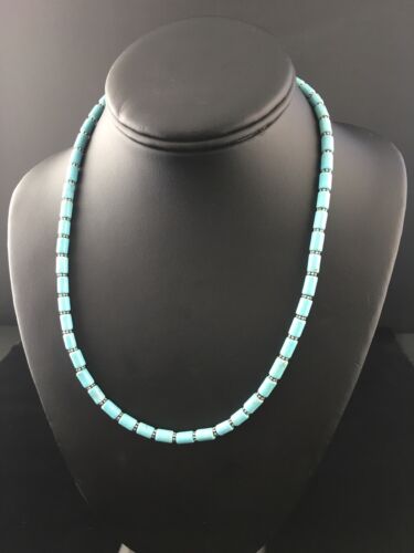 Native American Sterling Silver Blue Turquoise Necklace | 18" | 10011 - Masha USA