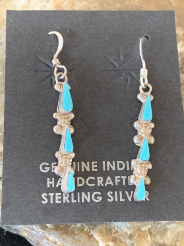 Zuni Handmade Kingman Turquoise Needle Point Dangle Earrings | Sterling Silver | 13024