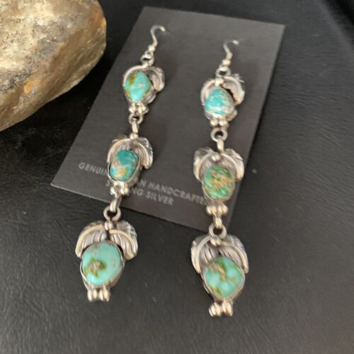 Navajo Sonoran Gold Turquoise Earrings | Sterling Silver | 3 Dangle | Authentic Native American Handmade | 13922