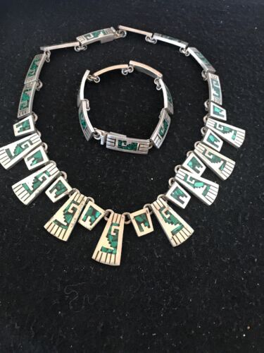 Navajo Old Pawn Sterling Silver Necklace Bracelet Set | Chip Inlay Turquoise | Authentic Native American Jewelry | 11857