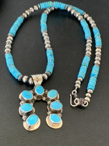 Navajo Blue Turquoise Necklace with Sterling Silver Naja Pendant | Authentic Native American Handmade | 02016