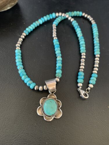 Navajo Blue Turquoise Pendant Necklace | Sterling Silver Pearls | Authentic Native American Handmade | 13220