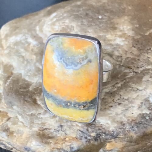 Navajo Yellow Bumble Bee Jasper Ring | Sterling Silver | Sz 8 Adjustable | Authentic Native American Handmade | 14015