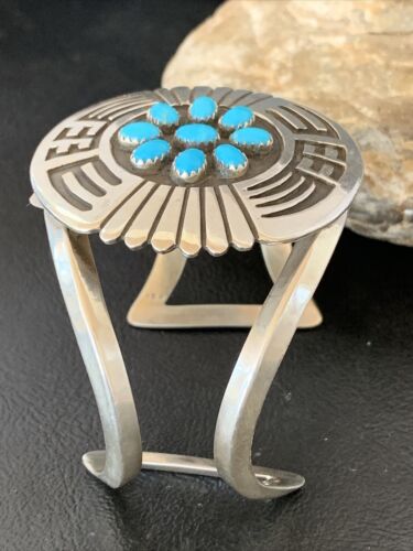 Navajo Sterling Silver Kingman Turquoise Cuff Bracelet | Men's Cluster | Blue | 1651