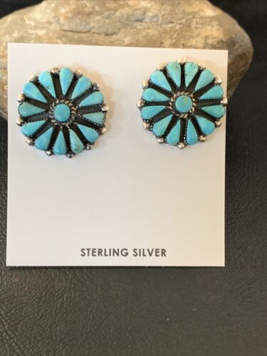 Navajo Blue Cluster Turquoise Stud Post Earrings | Sterling Silver | Authentic Native American Handmade | 12301