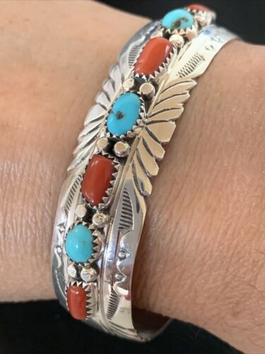 Navajo Blue Kingman Turquoise Coral Cuff Bracelet | 7 Strand | Sterling Silver | 12315