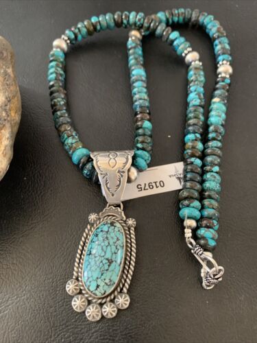 Men's Navajo Spiderweb Kingman Turquoise Pendant Necklace | Sterling Silver | Native American Handmade | 01975