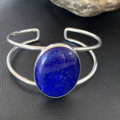 Minimalist Women's Blue Lapis Lazuli Cuff Wire Bracelet | Sterling Silver | 12873