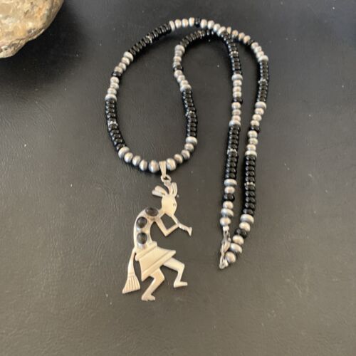Navajo Kokopelli Pendant with Pearls, Black Onyx, and Multi-Stone | Authentic Native American Sterling Silver | 12284