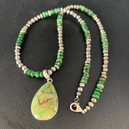 Navajo Green Mojave Turquoise Pendant Necklace | Sterling Silver | Native American Handmade | 13461