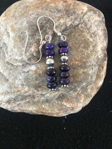 Navajo Purple Sugilite Dangle Bead Earrings | Sterling Silver | Authentic Native American Handmade | 1" | 12346