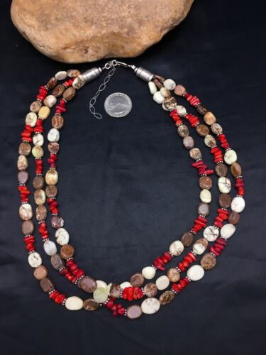 Navajo Sterling Silver Wild Horse Turquoise Coral Necklace | 3-Strand | Authentic Native American Handmade | 3097