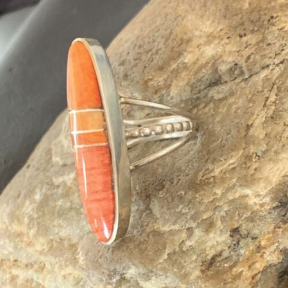 Navajo Red Spiny Oyster Inlay Ring | Sterling Silver | Sz 5 | Authentic Native American Handmade | 11585
