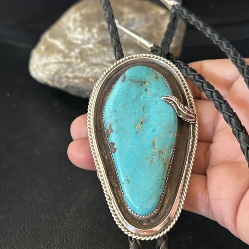 Native American Men's Bolo Tie | Blue Kingman Turquoise | Sterling Silver | Navajo Handmade | 14525