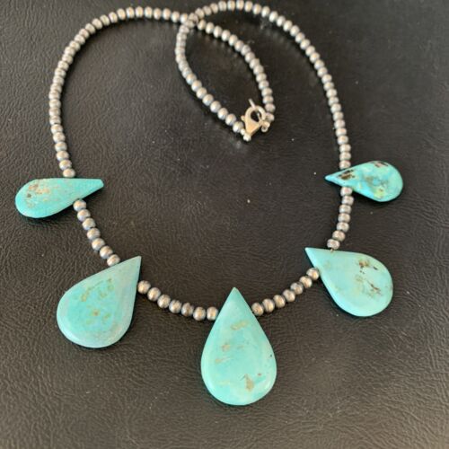 Navajo Teardrop Blue Turquoise Necklace | Sterling Silver Pearls | 20" | Authentic Native American Handmade | 13957