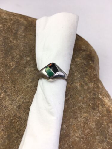 Navajo Black Opal & Turquoise Inlay Ring | Sterling Silver | Sz 6 | Authentic Native American Handmade | 1713