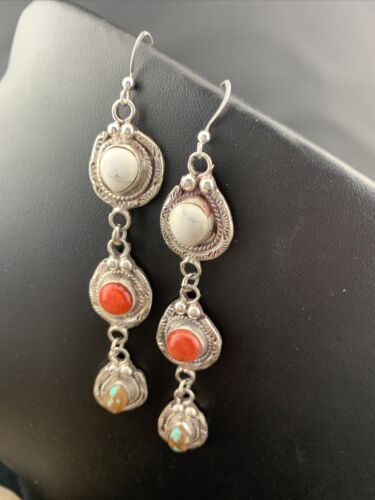 Navajo Spiny, Turquoise & Howlite Dangle Earrings | Sterling Silver | Authentic Native American Handmade | 01620