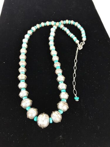 Navajo Pearls Turquoise Bead Necklace | Sterling Silver | 25" Single Strand | Southwestern | 00104