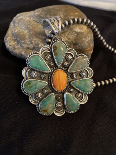 Navajo Spiny Oyster & Turquoise Cluster Pendant Necklace | Sterling Silver | Native American Handmade | 1119