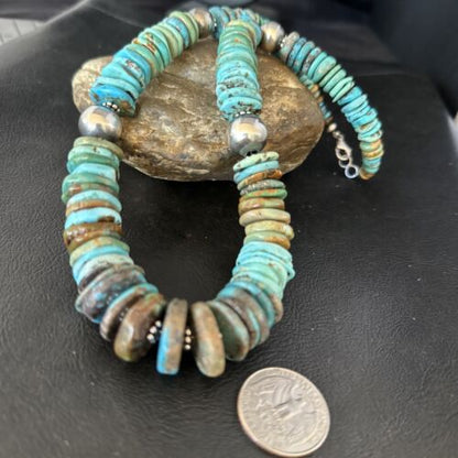 Navajo Blue Green Turquoise Bead Necklace | Sterling Silver | Authentic Native American | 20" | 14238