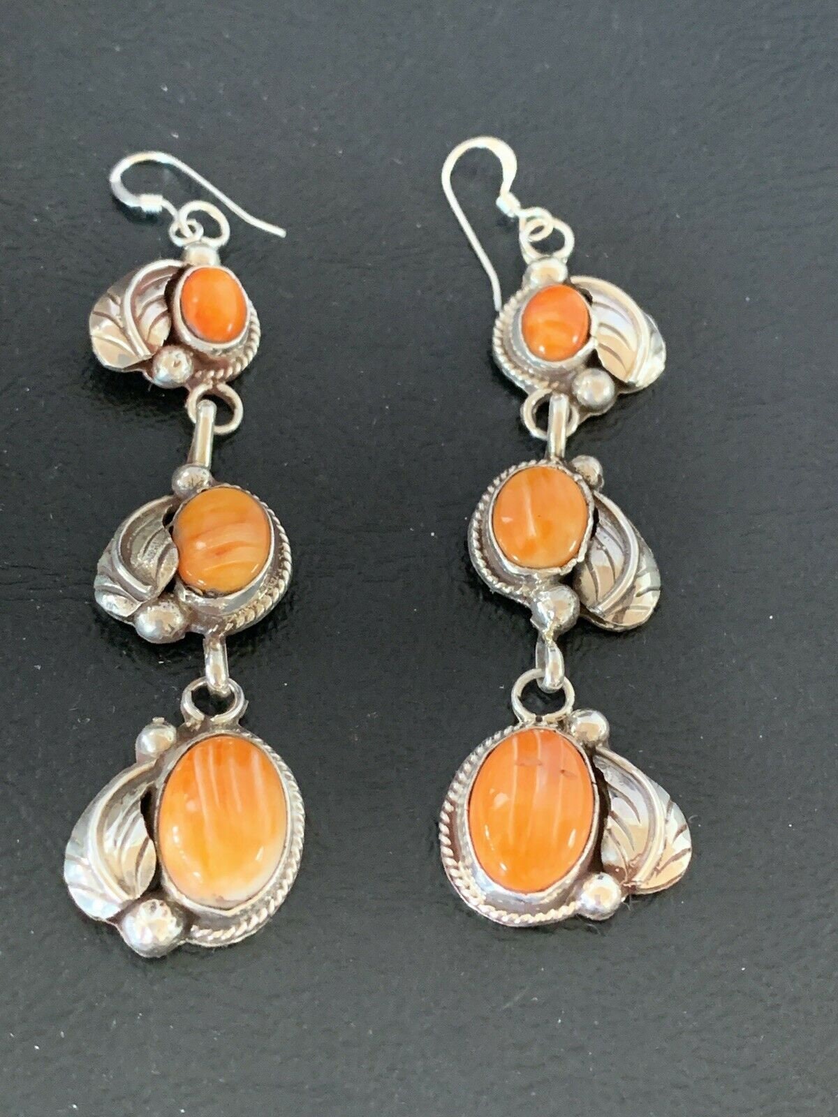 Stunning Handmade Navajo Orange Spiny Oyster Dangle Earrings | Sterling Silver | Authentic Native American | 1226