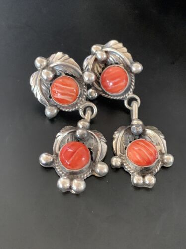 Navajo Red Spiny Oyster Dangle Earrings | Sterling Silver | Authentic Native American Handmade | 2060