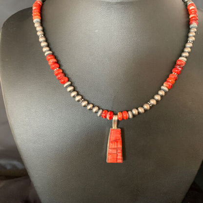 Navajo Pearls Red Spiny Oyster Sterling Necklace | Inlay Pendant | 20" | Native American Jewelry | 13652