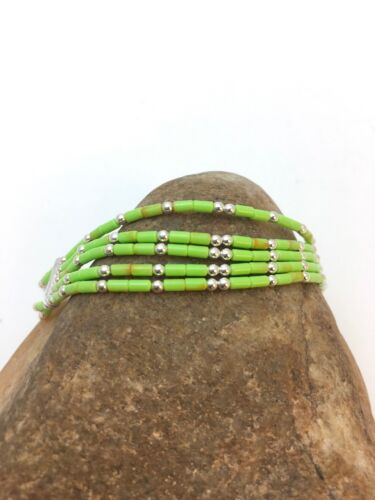 Handmade Liquid Silver Green Gaspeite Heishi Bracelet | Sterling Silver | 5-Strand | 7" | 13606
