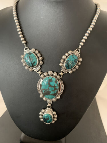 Navajo Lariat Spiderweb Turquoise Pendant Necklace | Sterling Silver | 25" | Authentic Native American Handmade | 01336