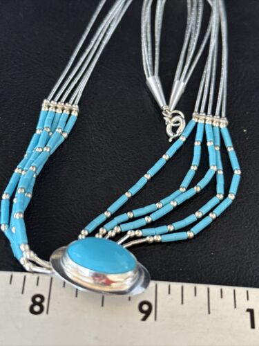 Navajo Liquid Silver Heishi 5-Strand Necklace | Turquoise Pendant | Sterling Silver | 14821