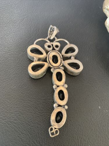 Navajo Dragonfly Pendant | Faceted Black Onyx Gems Cluster | Authentic Native American Sterling Silver | Multi-Stone | 3" | 12739