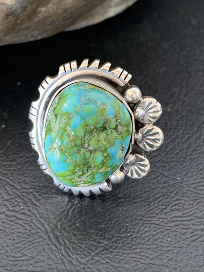 Women's Native American Navajo Sterling Silver Green Sonoran Turquoise Ring | Sz 9.5 | 10422