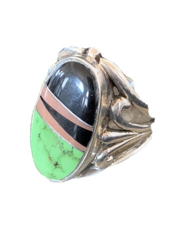 Native American Gaspeite, Onyx & Opal Inlay Ring | Sterling Silver | Sz 7 | 01488