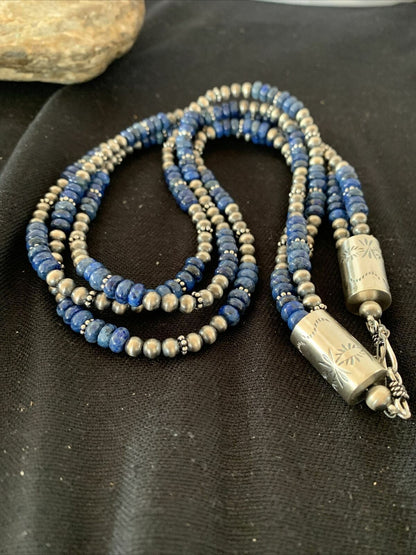 Navajo Pearls Denim Lapis Necklace | 3 Strand Sterling Silver | 21" | Authentic Native American Handmade | 929