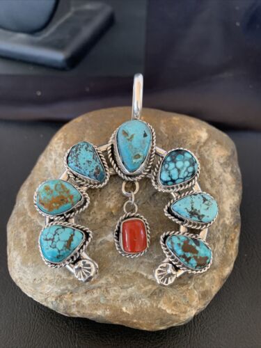 Navajo Coral Spiderweb Turquoise Pendant | Authentic Native American Sterling Silver | Naja | 02226