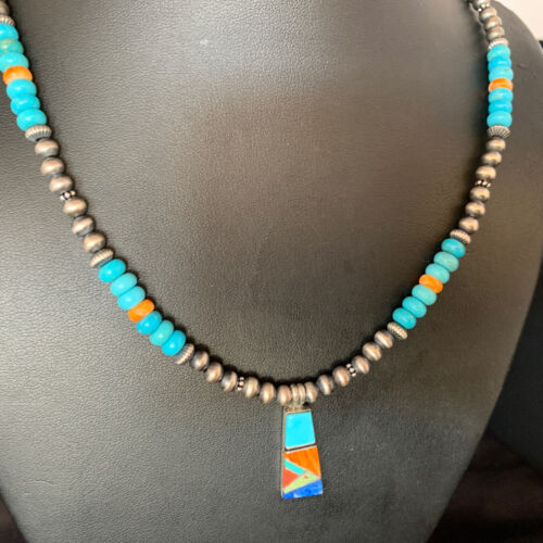 Navajo Sterling Silver Necklace | Blue Turquoise Coral Inlay Pendant | Southwestern |13841
