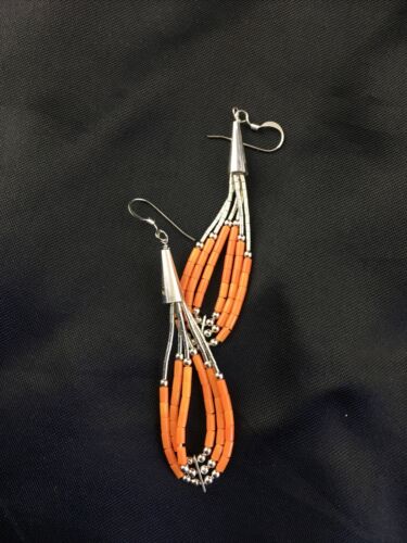 Native American Liquid Silver Heishi Dangle Earrings | Orange Coral | Sterling Silver | 2" | 2033