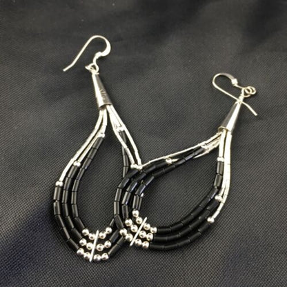 Handmade Liquid Sterling Silver Heishi Dangle Earrings | Black Onyx Tube | 2.25" | 2017